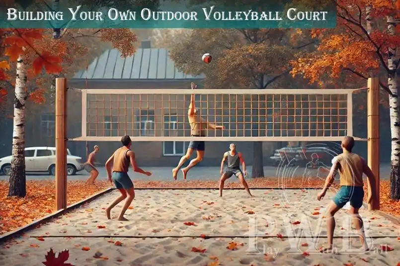 Playing volleyball on a realistic outdoor court, in which three players participate. The court is surrounded by colourful trees and the image cover the title "Building Your Own Outdoor Volleyball Court"