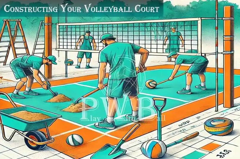 An illustration depicting the construction phase of an outdoor volleyball court. Also, the image covers the title 'Constructing Your Volleyball Court'
