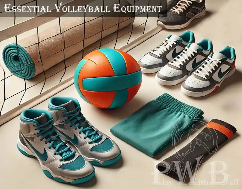 An image showcasing essential volleyball equipment for playing. A neatly arranged set of volleyball gear on a clean surface. Includes an orange and teal Volleyball.