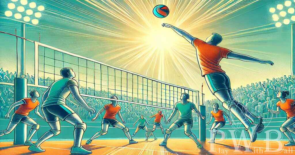 Players in orange and teal jerseys are playing volleyball. The sun shines brightly over the court, with a cheering crowd in the background, accentuating the energy and global excitement of the sport.