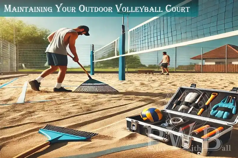 An outdoor volleyball court is being maintained. A person is raking the sand surface to keep it level and debris-free. The image also covers the title 'Maintaining Your Outdoor Volleyball Court'