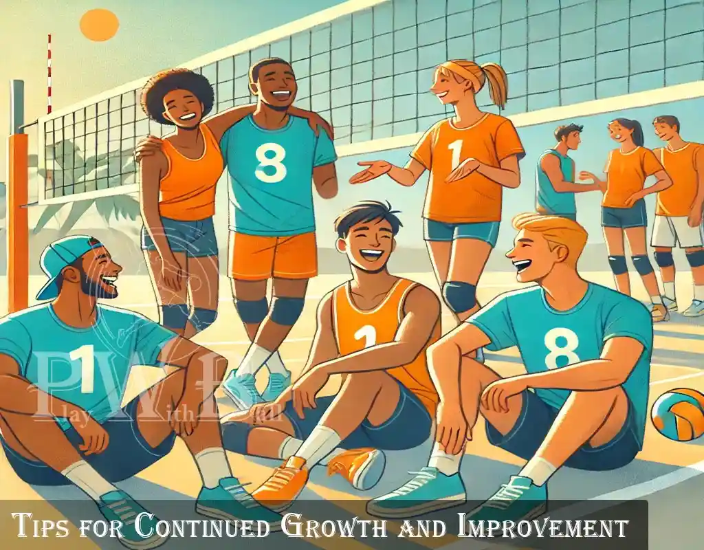 An inviting image of finding a volleyball community, a group of diverse players in orange and teal jerseys gathered.