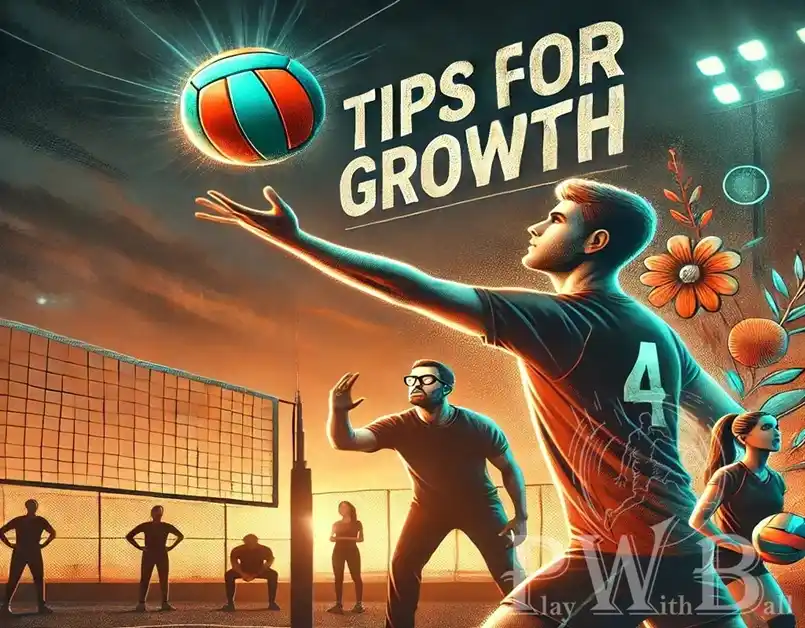 A motivational image depicting tips for growth in volleyball, a focused player practicing serves under a sunset sky on a court.